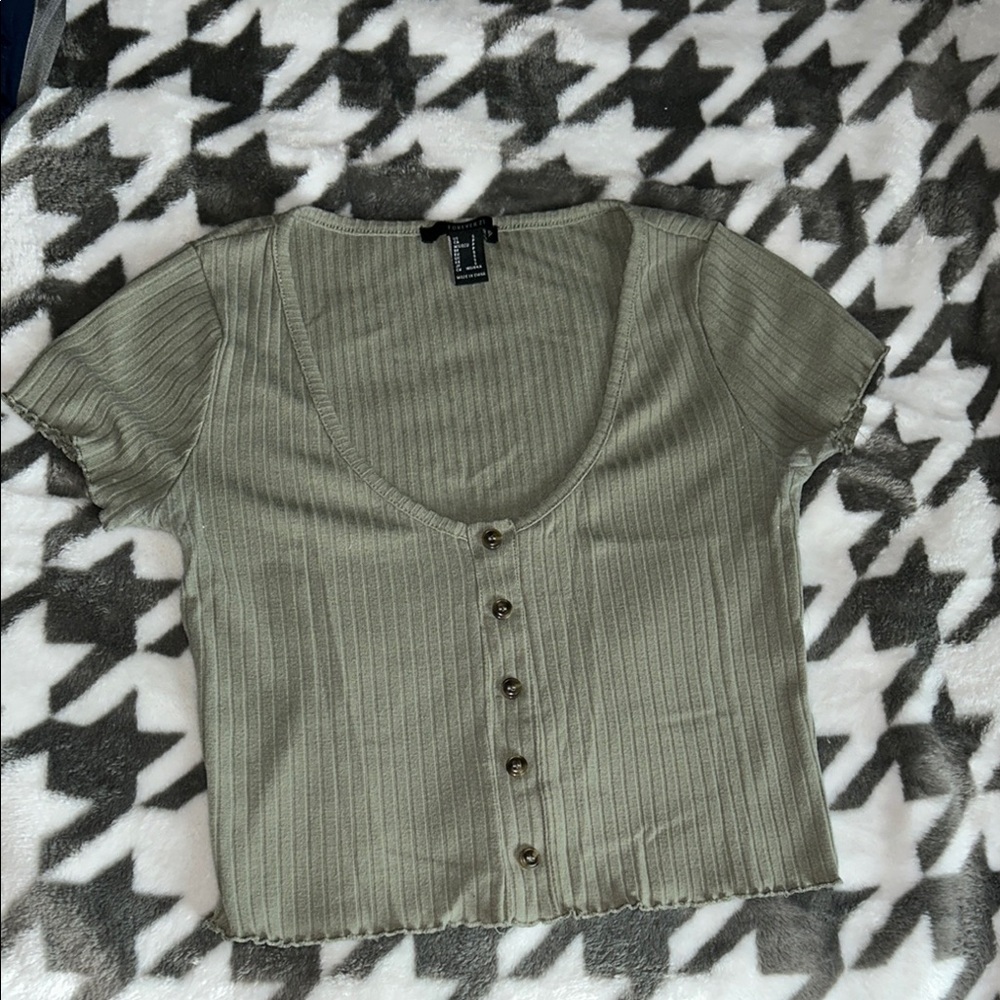 Olive Green Ribbed Button-Up Top
